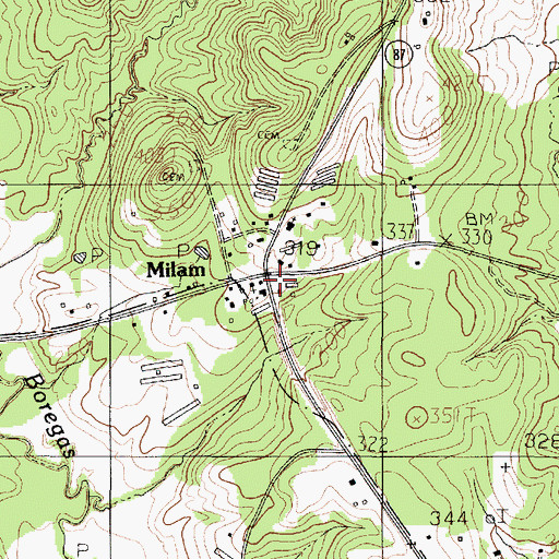Topographic Map of Milam, TX