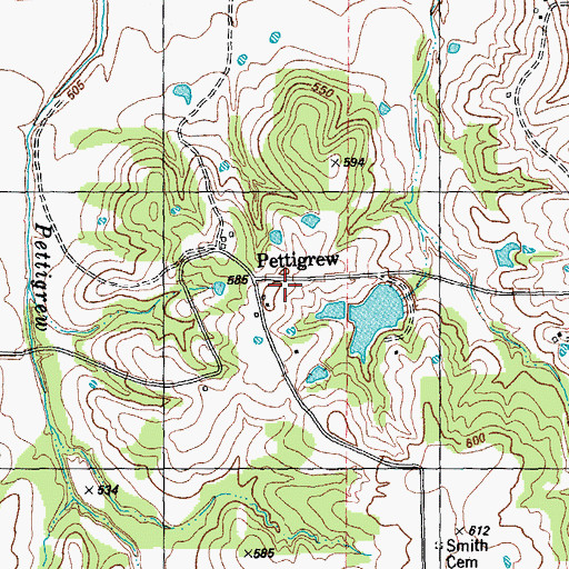 Topographic Map of Pettigrew, TX