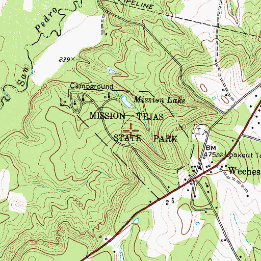 Topographic Map of Mission Tejas State Park, TX