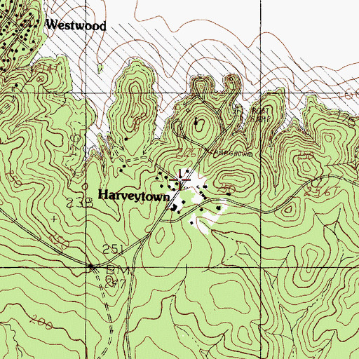 Topographic Map of Harveytown, TX