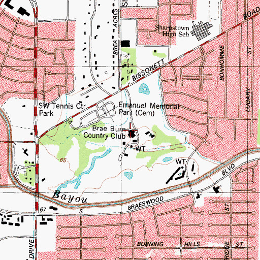 Topographic Map of Brae Burn Country Club, TX