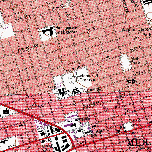 Topographic Map of Memorial Stadium, TX