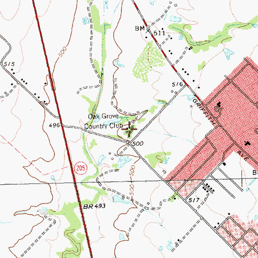 Topographic Map of Oak Grove Country Club, TX