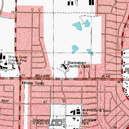 Topographic Map of Sharpstown Country Club, TX