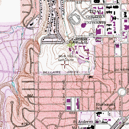 Topographic Map of Worth Hills Golf Course, TX