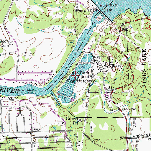 Topographic Map of Inks Dam National Fish Hatchery, TX