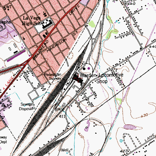 Topographic Map of Warden Locomotive Shop, TX