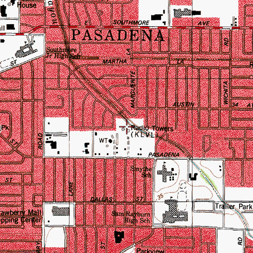 Topographic Map of KLVL-AM (Pasadena), TX