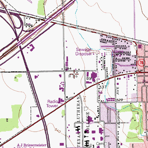 Topographic Map of KWED-AM (Seguin), TX