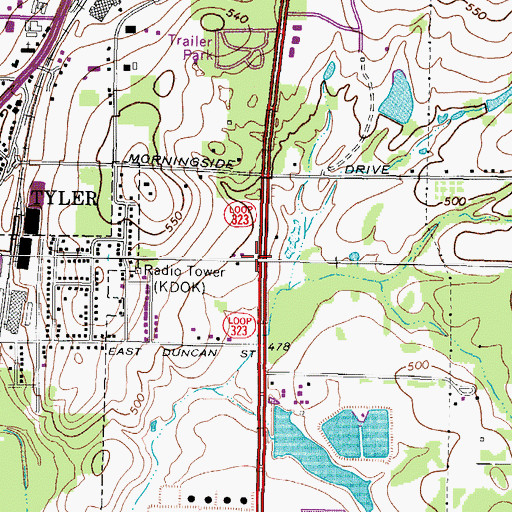 Topographic Map of KYZS-AM (Tyler), TX
