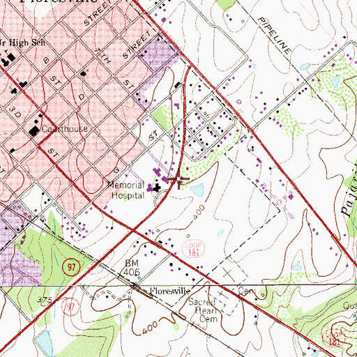 Topographic Map of KWCB-FM (Floresville), TX