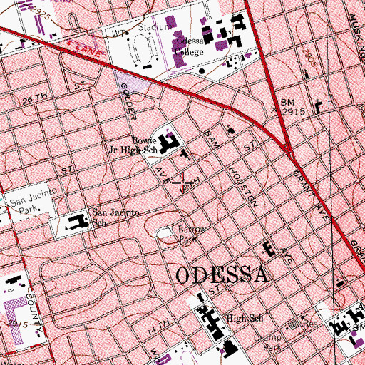 Topographic Map of KOCV-FM (Odessa), TX
