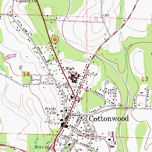 Topographic Map of Cottonwood High School, AL
