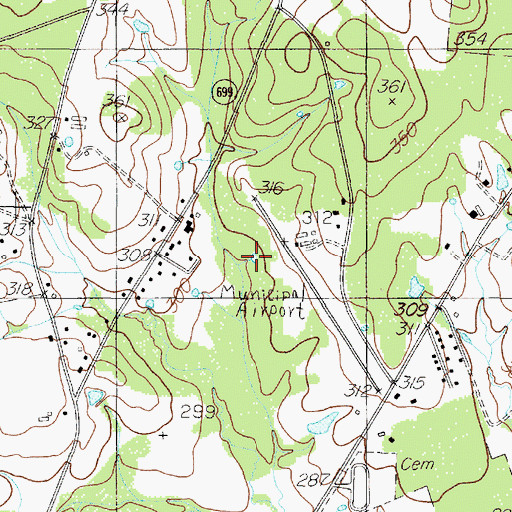 Topographic Map of Center Municipal Airport, TX