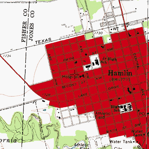 Topographic Map of Hamlin Memorial Hospital Heliport, TX