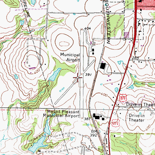 Topographic Map of Mount Pleasant Municipal Airport (historical), TX