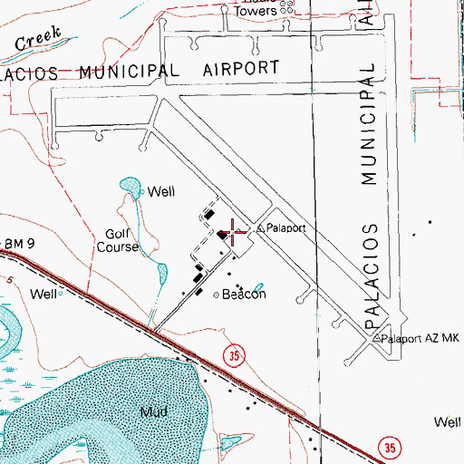Topographic Map of Palacios Municipal Airport, TX