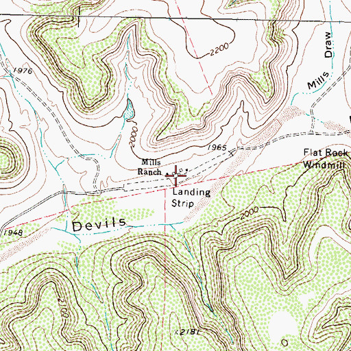 Topographic Map of Mills Ranch Airport (historical), TX