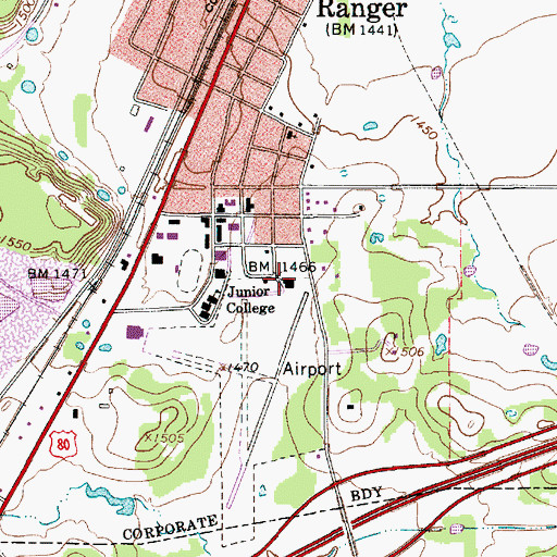Topographic Map of Ranger Municipal Airport, TX