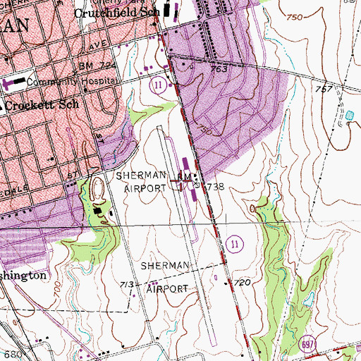 Topographic Map of Sherman Municipal Airport, TX