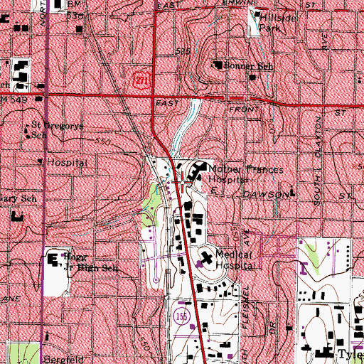 Topographic Map of Mother Frances Hospital Heliport, TX