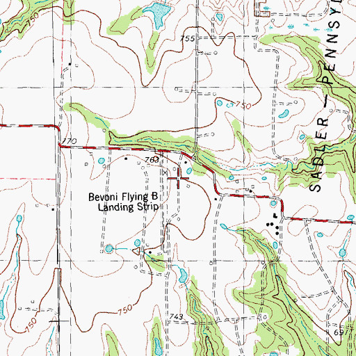 Topographic Map of Bevoni-Flying B Airport, TX