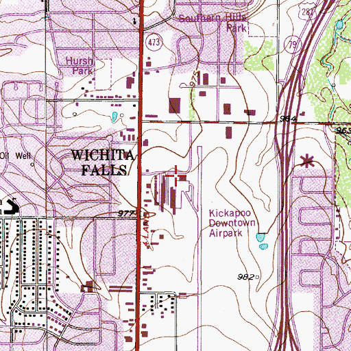 Topographic Map of Kickapoo Downtown Airport, TX
