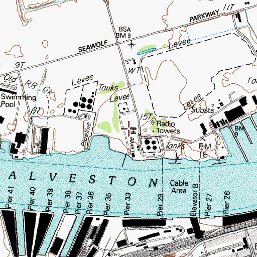 Topographic Map of KGBC-AM (Galveston), TX