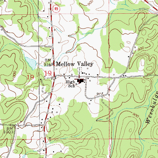Topographic Map of Mellow Valley High School, AL