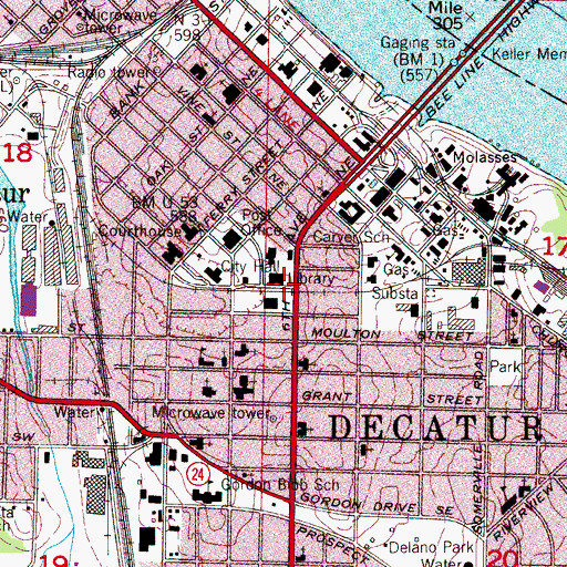 Topographic Map of Decatur and Wheeler Basin Regional Library, AL