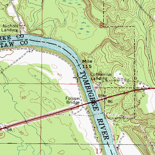 Topographic Map of Coffeeville Ferry (historical), AL