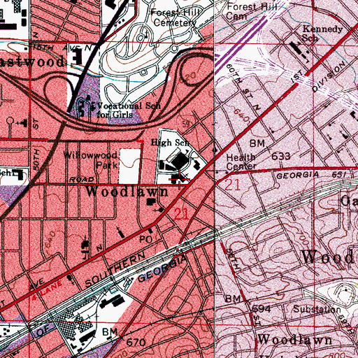 Topographic Map of Woodlawn Baptist Church, AL