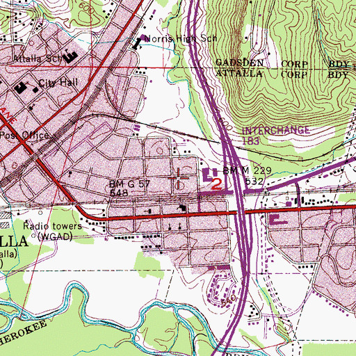 Topographic Map of Attalla Church of Christ, AL
