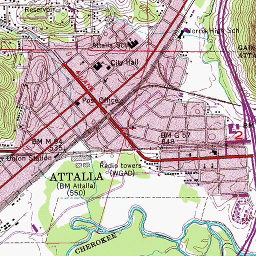 Topographic Map of Attalla Public School (historical), AL
