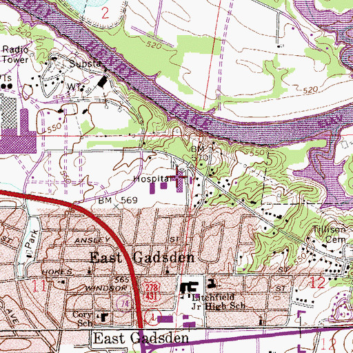 Topographic Map of Gadsden Regional Medical Center, AL