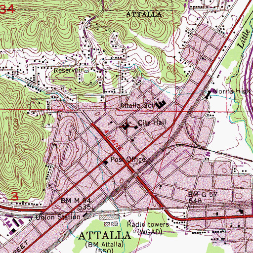 Topographic Map of First Baptist Church of Attalla, AL
