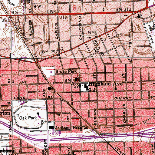 Topographic Map of Highland Avenue Baptist Church, AL