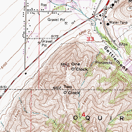 Topographic Map of One O'Clock, UT