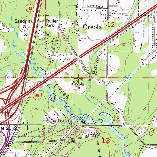 Topographic Map of Creola Church, AL