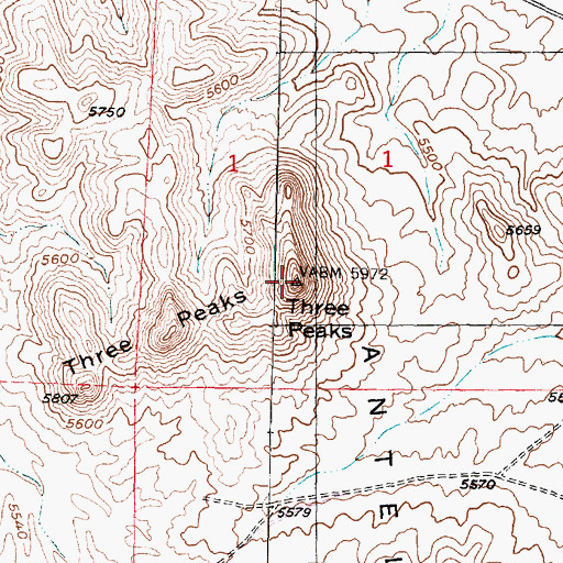 Topographic Map of Three Peaks, UT