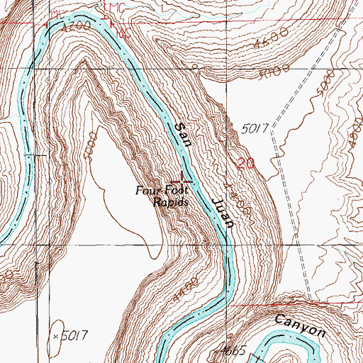 Topographic Map of Four Foot Rapids, UT