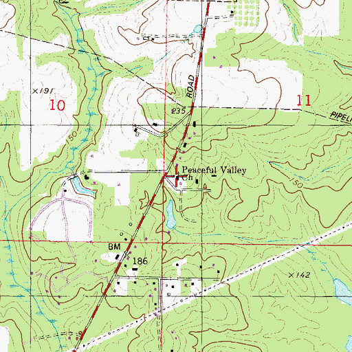 Topographic Map of Peaceful Valley Church, AL
