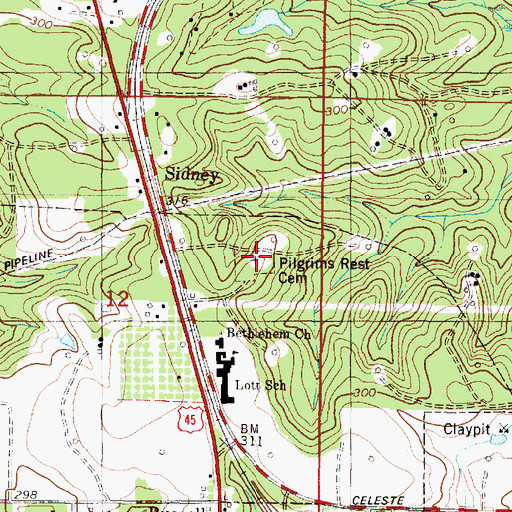 Topographic Map of Pilgrims Rest Cemetery, AL