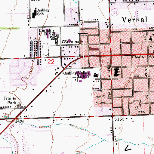 Topographic Map of Vernal Middle School, UT