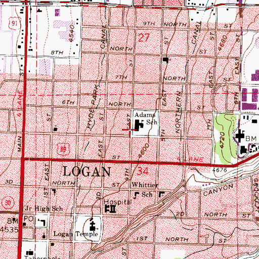 Topographic Map of Adams Elementary School, UT