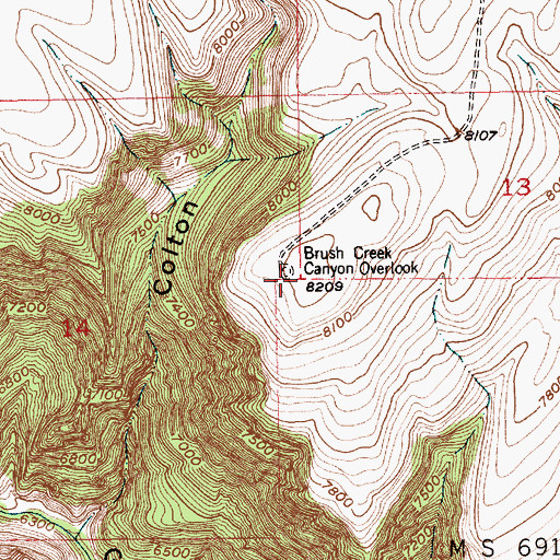 Topographic Map of Brush Creek Canyon Overlook, UT