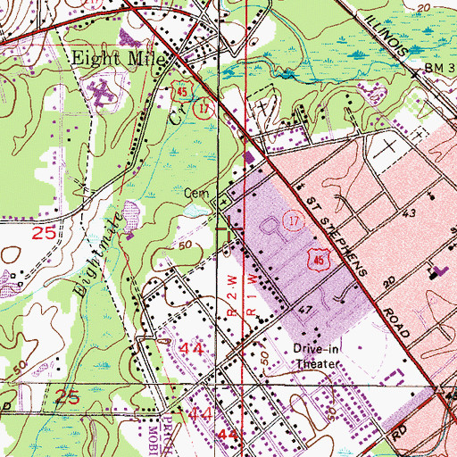 Topographic Map of Whispering Pines Cemetery, AL