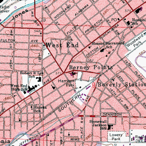 Topographic Map of Berney Points Baptist Church, AL