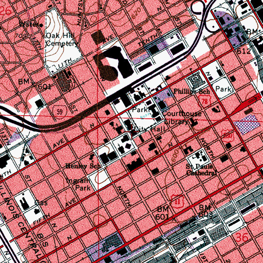 Topographic Map of Birmingham City Hall, AL