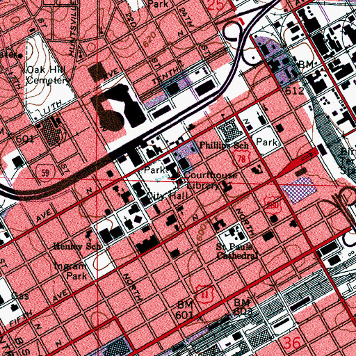 Topographic Map of Birmingham Public Library, AL